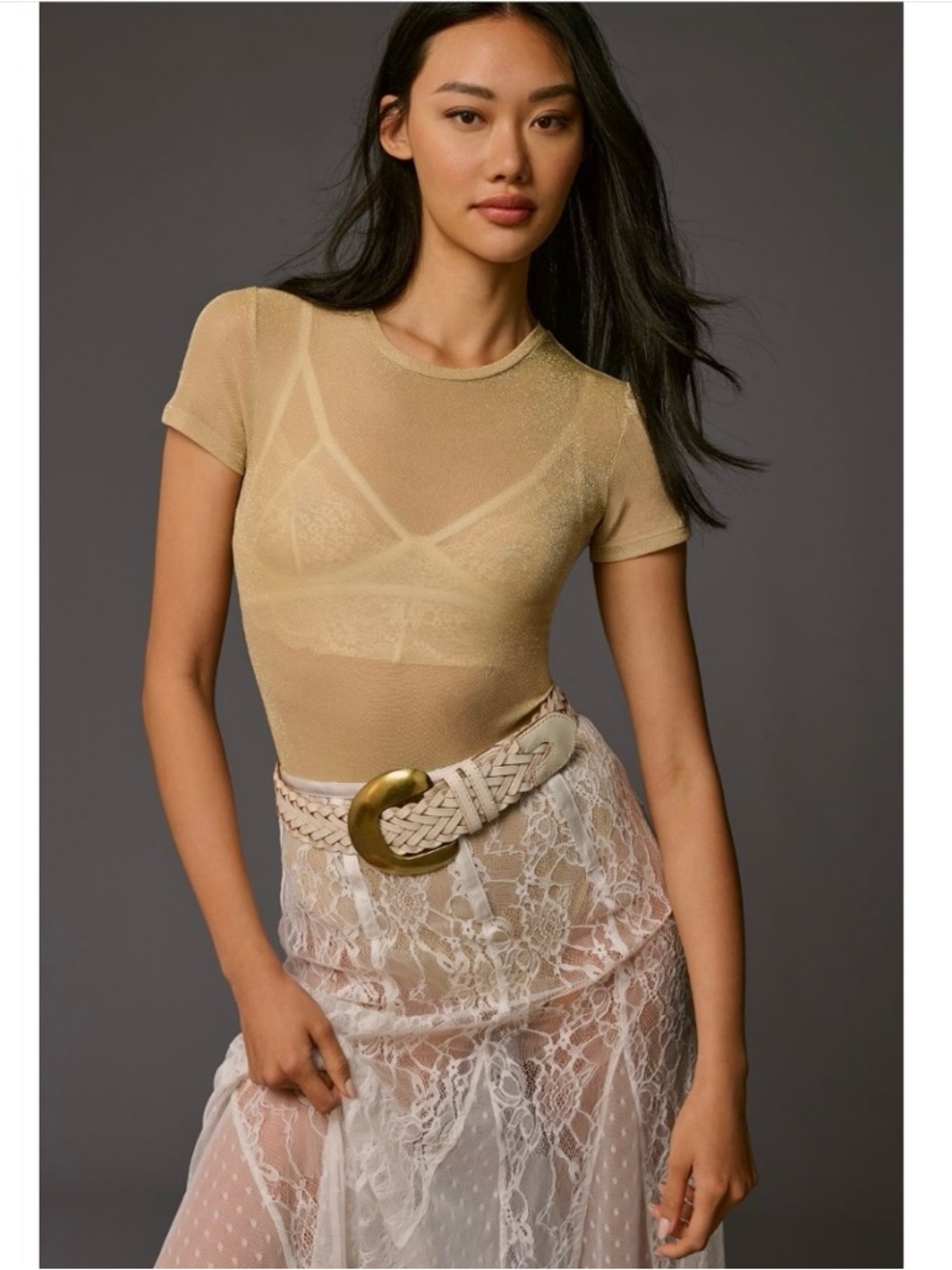 Anthropologie Rossie Sheer Metallic Gold Bodysuit New Small